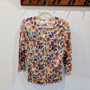 Garnet Hill Merino Wool Multicolor Floral 3/4 Sleeve Cardigan